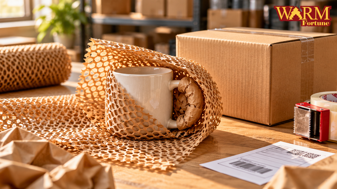 Ceramic mug protected with honeycomb packing paper beside a shipping box, with Warm Fortune logo