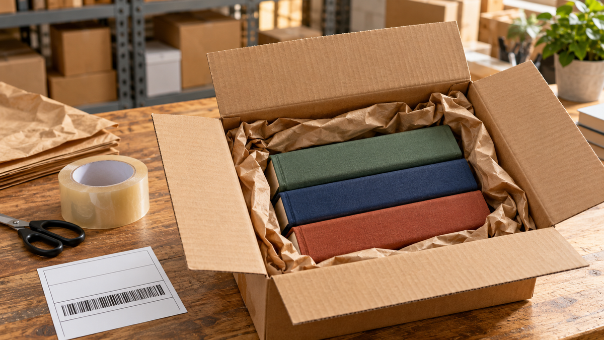 Books cushioned with kraft packing paper inside a shipping box