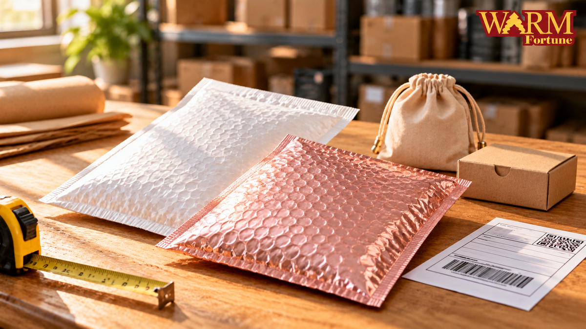 White and pink bubble mailers on a packing table with measuring tape and Warm Fortune logo
