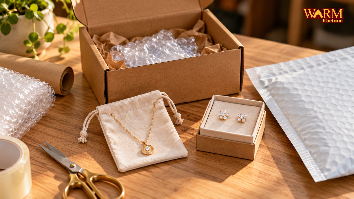 Jewelry pouch, earring box, protective packing materials, and Warm Fortune Packaging logo