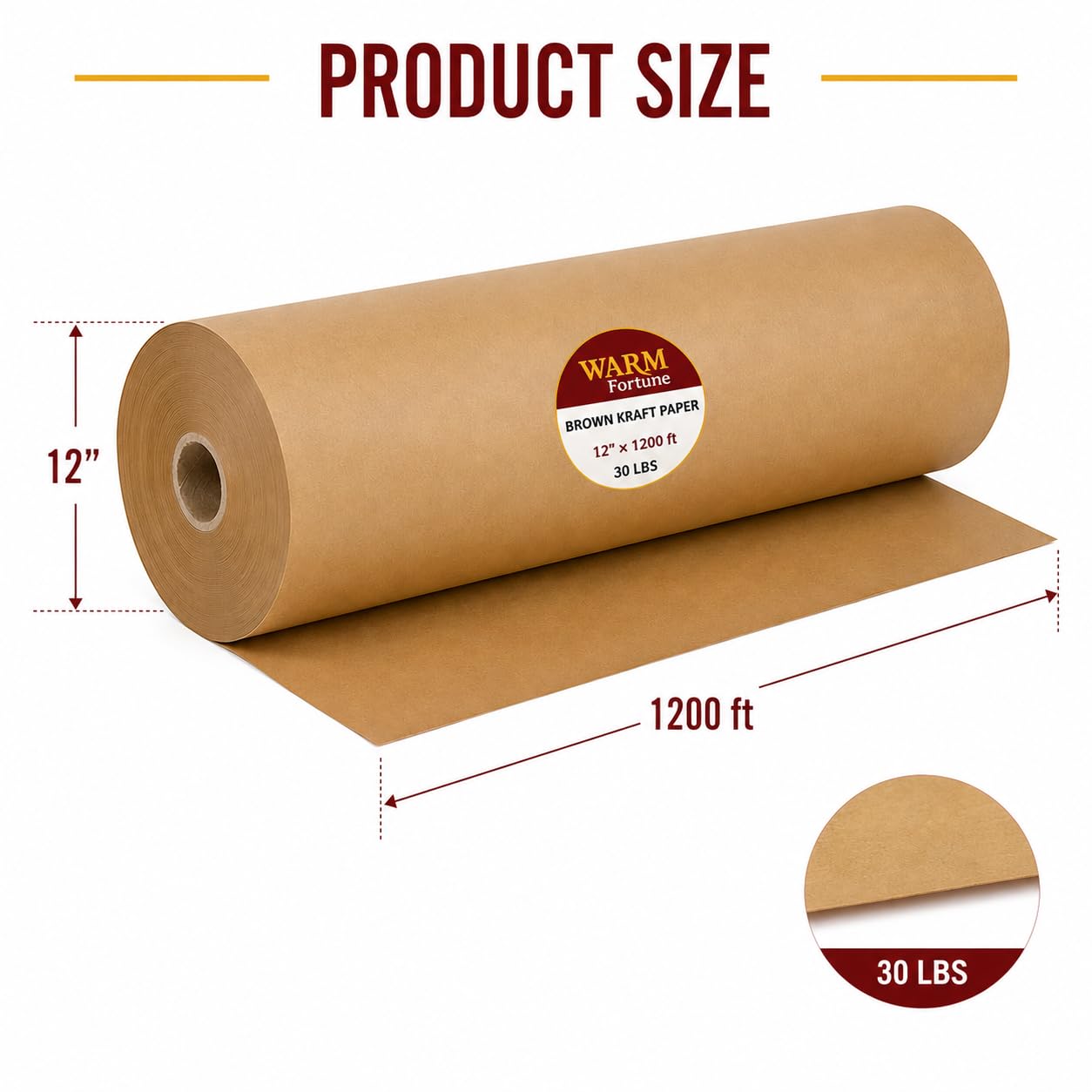 Warm Fortune Brown Kraft Paper Roll 12" x 1200 Ft, 30 lb Packing Paper for Moving, Shipping, Wrapping, Void Fill, Cushioning, Gift Wrapping, Surface Protection and Packaging Supplies (1)