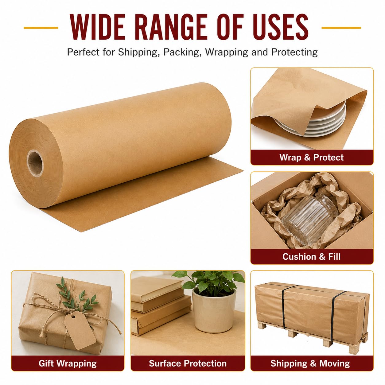Warm Fortune Brown Kraft Paper Roll 12" x 1200 Ft, 30 lb Packing Paper for Moving, Shipping, Wrapping, Void Fill, Cushioning, Gift Wrapping, Surface Protection and Packaging Supplies (4)